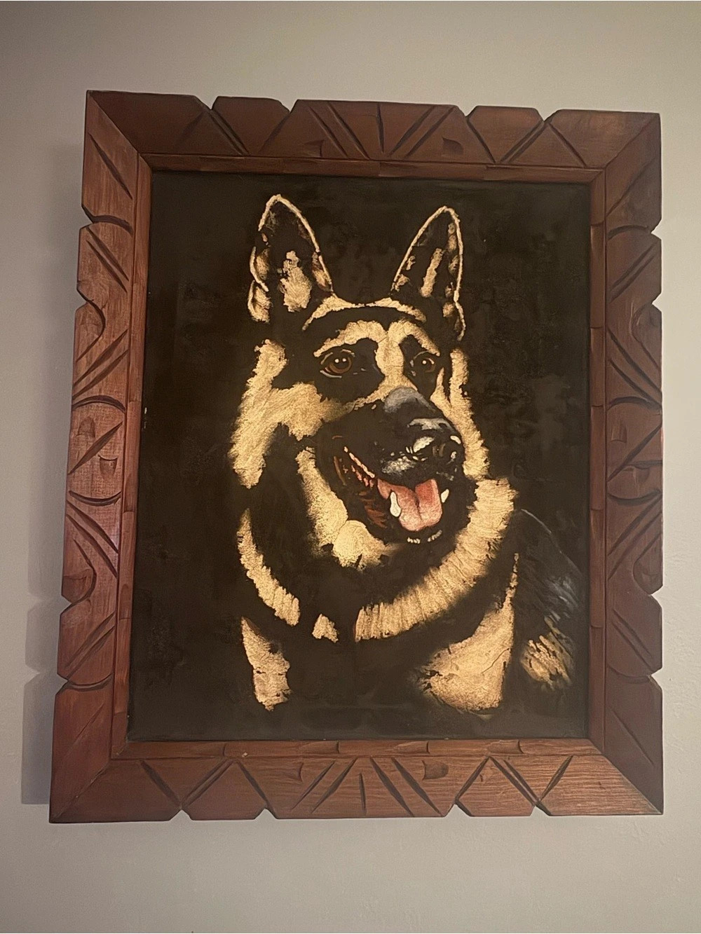 Stunning Vintage 1970s German Shepherd Black Velvet Painting Made in Mexico